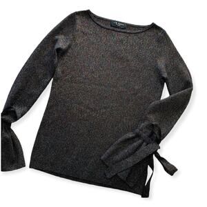 Few Moda Black Glitter Shimmer Long Sleeve Bow Blouse Shirt Women's Size Small